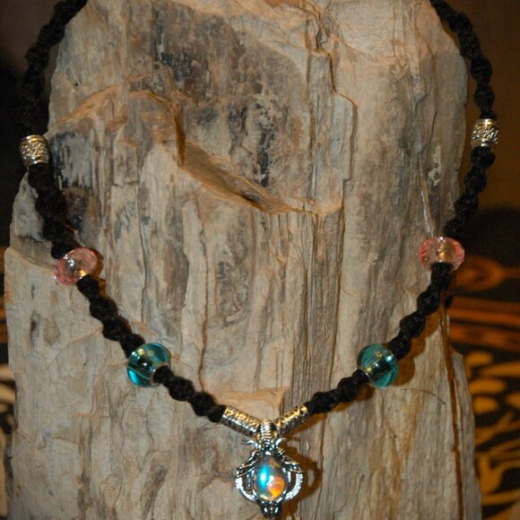 Bohemian Lotus Flower Teardrop Moonstone on a 20 1/2" Handmade Black Hemp Chain - Picture 2 of 6